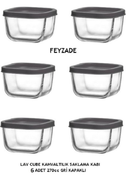 Feyzade Cube Kahvaltılık Saklama Kabı Seti 6 Adet 270CC Gri Kapaklı (CUB-225)