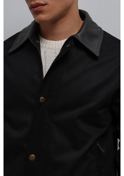 Siyah Kontrast Yaka Teknik Erkek Mont