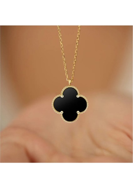 Altın Renk Siyah Sedef Yonca Bijuteri Kolye- 3153 fırsatları