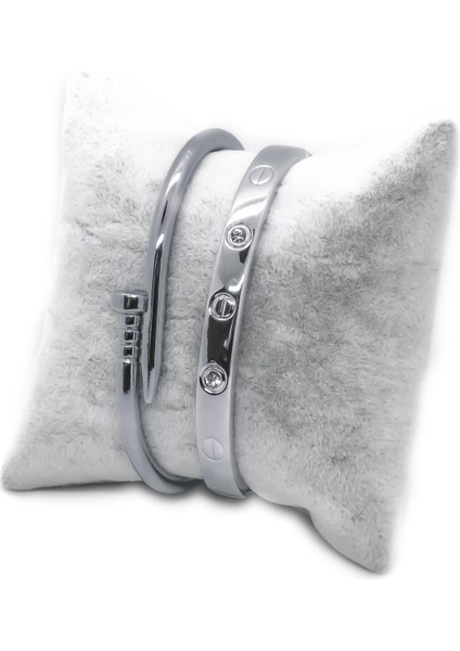 Gümüş Renk Çivi ve Taşlı Bileklik Set - 945