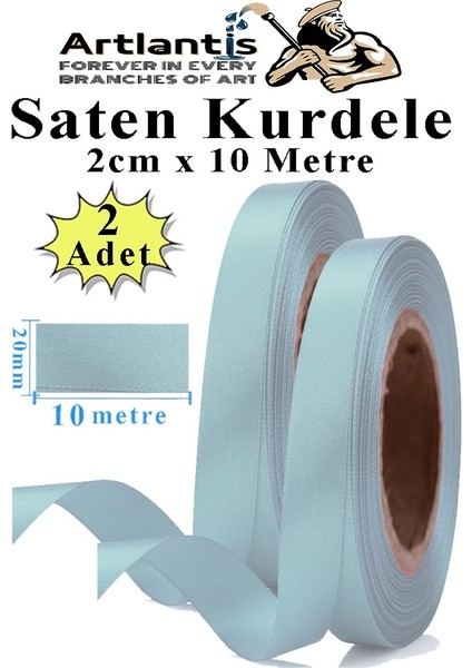 Açık Mavi Kurdele Saten 2 cm 10 Metre 2 Adet Saten Kurdela Parlak Hediye ve Süsleme Şeridi Süs Paketleme Çiçek Saç El