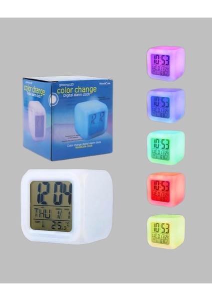 7 LED Işıklı Alarmlı Dijital Küp Masa Saati Termometreli fiyatları