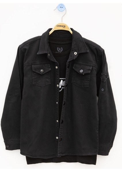 Siyah Keten Gömlekli Bisiklet Yaka Baskılı Tişörtlü Erkek Çocuk 2li Takım 20255