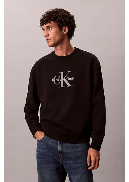 Erkek Bisiklet Yaka Monogram Logolu Pamuklu Sweatshirt - Siyah
