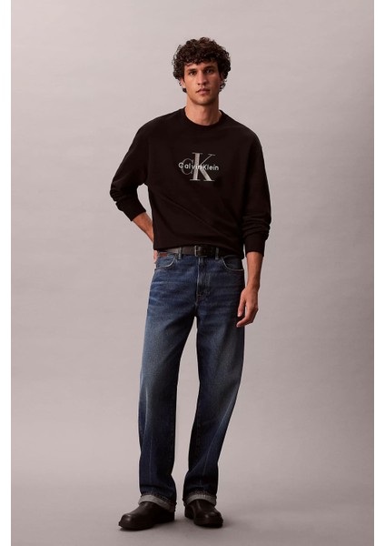 Erkek Bisiklet Yaka Monogram Logolu Pamuklu Sweatshirt - Siyah fiyatları