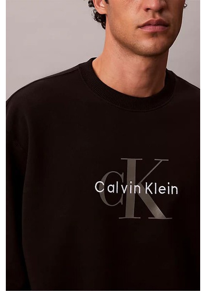 Erkek Bisiklet Yaka Monogram Logolu Pamuklu Sweatshirt - Siyah fırsatları