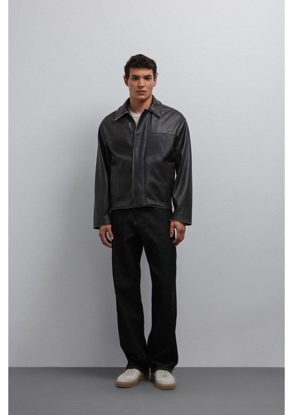 Siyah Relax Fit Suni Deri Erkek Mont fiyatları