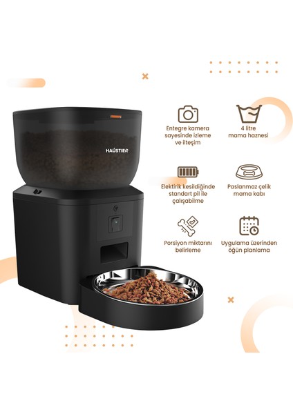 QQ025 Kameralı Akıllı Kedi Köpek Otomatik Mama Kabı, Tuya App-Wifi Uzaktan Kontrol, Sesle Çağırma, 480P Kamera, 4lt Hazne, Metal Kase