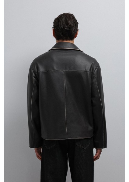 Siyah Relax Fit Suni Deri Erkek Mont indirimleri