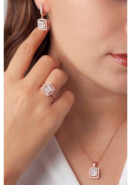 Baget Taşlı Gümüş Takı Seti Rose S30RB 925