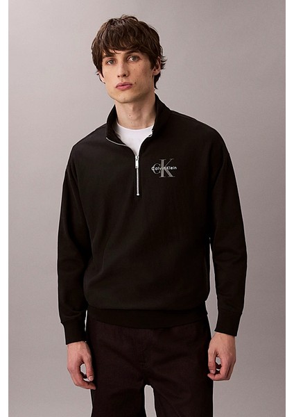 Erkek Rahat Kalıp Yarım Fermuarlı Yüksek Yaka Sweatshirt - Siyah