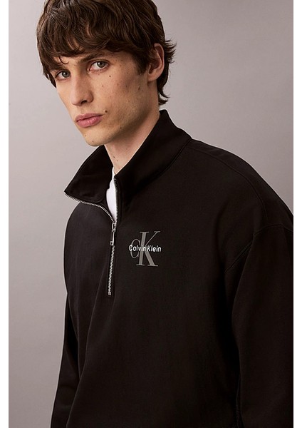 Erkek Rahat Kalıp Yarım Fermuarlı Yüksek Yaka Sweatshirt - Siyah fırsatları