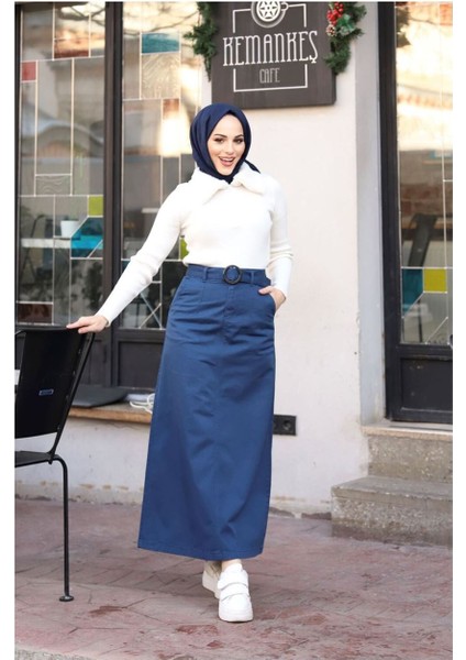 Cep Detaylı Kemerli Tokalı Gabardin Etek Siyah