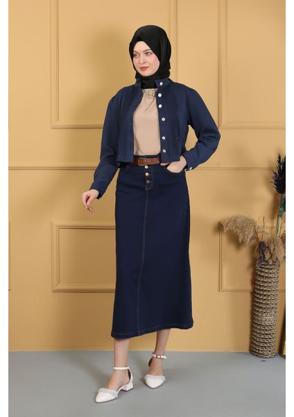 Doğal Kumaşlı Kemerli Kot Etek Lacivert