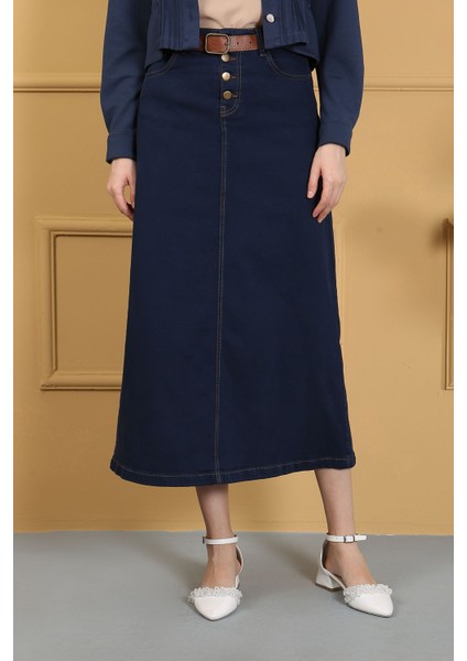 Doğal Kumaşlı Kemerli Kot Etek Lacivert fiyatları