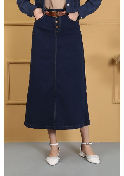 Doğal Kumaşlı Kemerli Kot Etek Lacivert modelleri