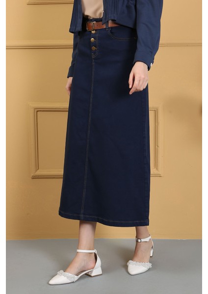 Doğal Kumaşlı Kemerli Kot Etek Lacivert fırsatları