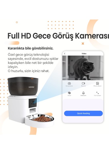 QQ029 Kameralı 1080P Gece Görüş, Akıllı Kedi Köpek Mama Kabı, 2.4ghz/5ghz, 4lt, Metal Kase