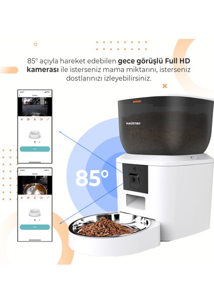 QQ029 Kameralı 1080P Gece Görüş, Akıllı Kedi Köpek Mama Kabı, 2.4ghz/5ghz, 4lt, Metal Kase