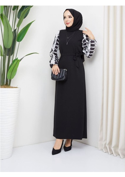 Yuvarlak Desenli Şifon Kollu Tuğba Model Elbise - Siyah