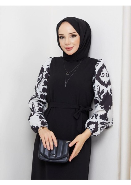 Yuvarlak Desenli Şifon Kollu Tuğba Model Elbise - Siyah fiyatları