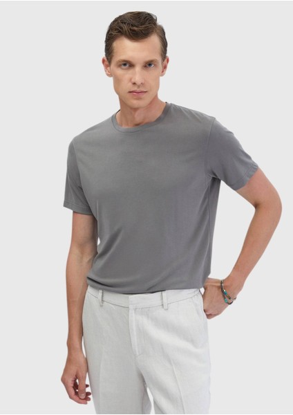 Gri Düz Bisiklet Yaka T-Shirt