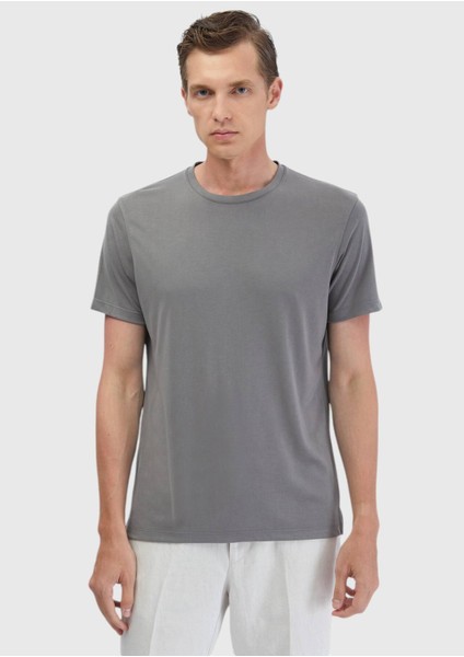 Gri Düz Bisiklet Yaka T-Shirt modelleri