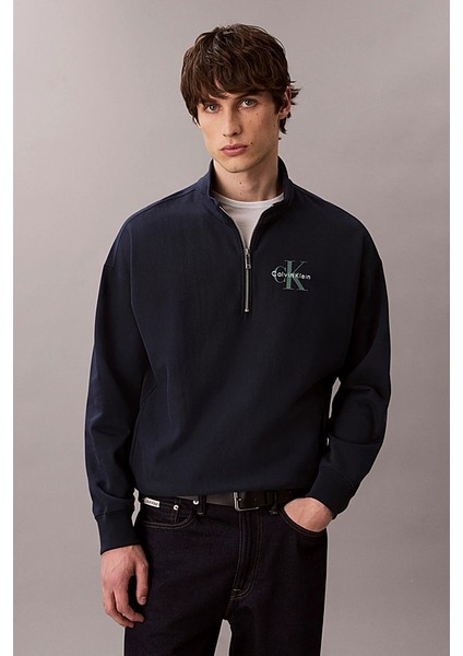 Erkek Rahat Kalıp Yarım Fermuarlı Yüksek Yaka Sweatshirt - Lacivert
