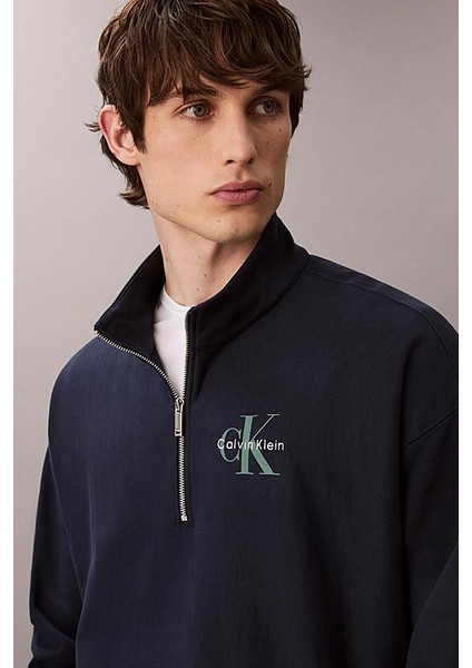 Erkek Rahat Kalıp Yarım Fermuarlı Yüksek Yaka Sweatshirt - Lacivert indirimleri