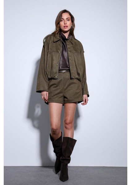 Haki Süet Görünümlü Bomber Kadın Mont