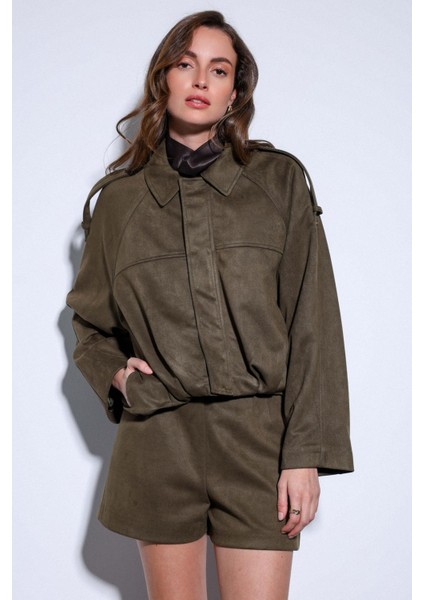Haki Süet Görünümlü Bomber Kadın Mont modelleri