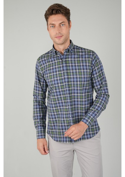 Erkek Uzun Kollu Regular Fit Pamuk Spor Kareli Gömlek Lacivert GMEKS252133_E39