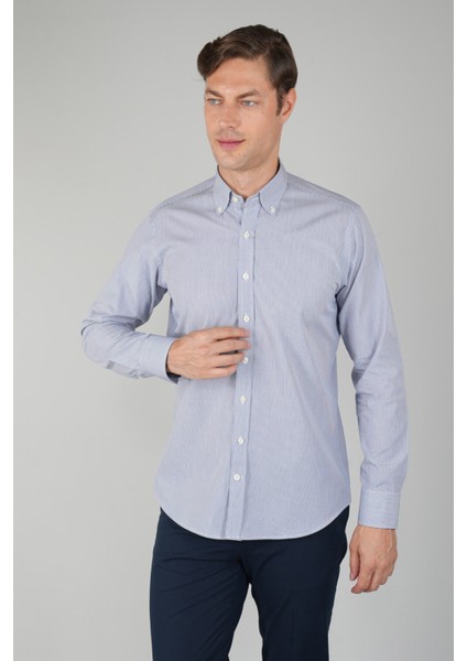 Uzun Kollu Regular Fit Erkek Çizgili Lacivert Gömlek GMCZG252110_C39