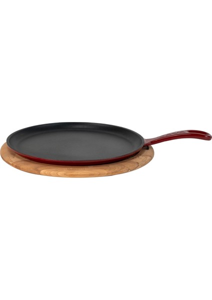Döküm Yuvarlak Pizza Krep Pankek Tavası Döküm Demir Yekpare Saplı Kayın Servis Ahşabı ÇAP(Ø)20CM.-BORDO
