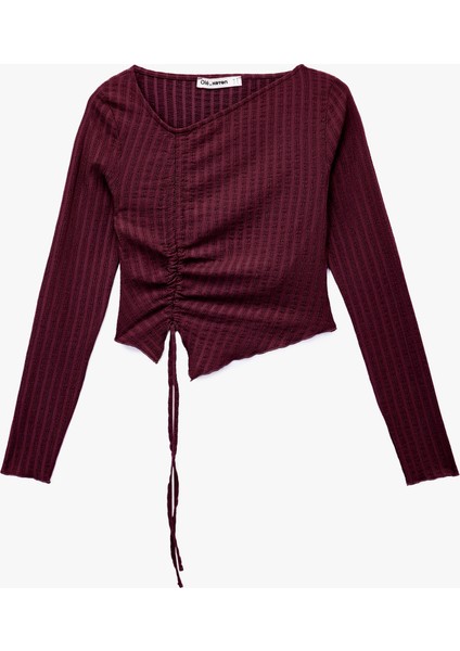 Asimetrik Yaka Slim Fit Büzgülü Uzun Kollu Tişört