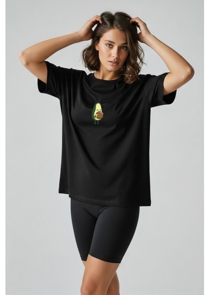 Avokado Baskılı Oversize Pamuklu Kadın T-Shirt modelleri