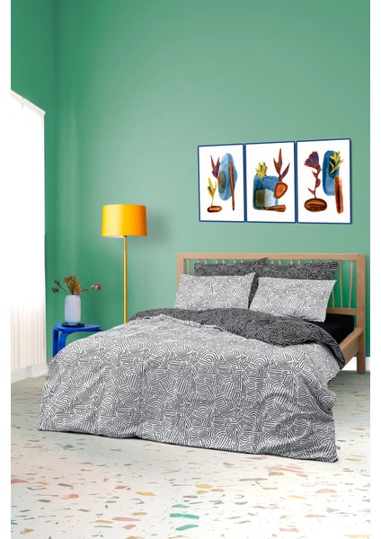 Mono Çift Kişilik Lastikli Çarşaflı Nevresim Takımı Maze Siyah