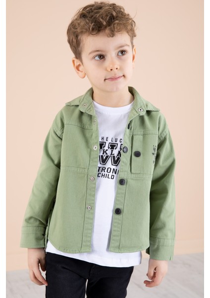 Yeşil Bisiklet Yaka Tişörtlü Keten Erkek Çocuk Gömlek 20073