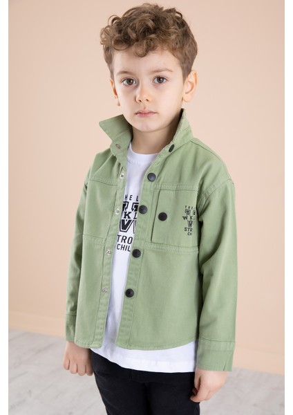Yeşil Bisiklet Yaka Tişörtlü Keten Erkek Çocuk Gömlek 20073 modelleri