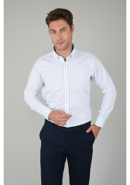 Uzun Kollu Regular Fit Çizgili Erkek Mavi Gömlek GMCZG252130_C35