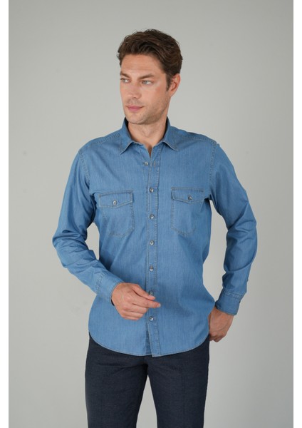 Erkek Uzun Kollu Spor Açık Renk Denim Gömlek GMJEAN252171_D39