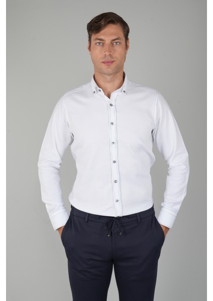 Erkek Uzun Kollu Regular Fit Haki Dikişli Beyaz Gömlek GMOKS252137_D01