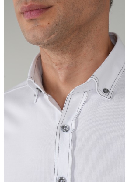 Erkek Uzun Kollu Regular Fit Haki Dikişli Beyaz Gömlek GMOKS252137_D01 modelleri