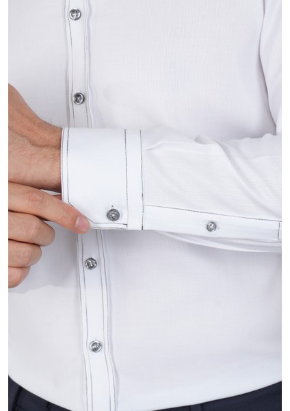 Erkek Uzun Kollu Regular Fit Haki Dikişli Beyaz Gömlek GMOKS252137_D01 fırsatları