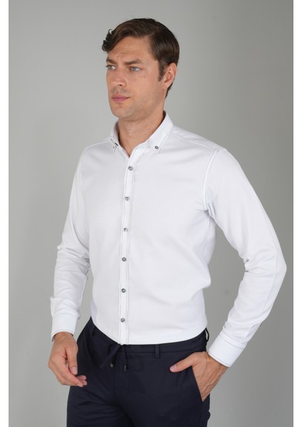 Erkek Uzun Kollu Regular Fit Haki Dikişli Beyaz Gömlek GMOKS252137_D01 indirimleri