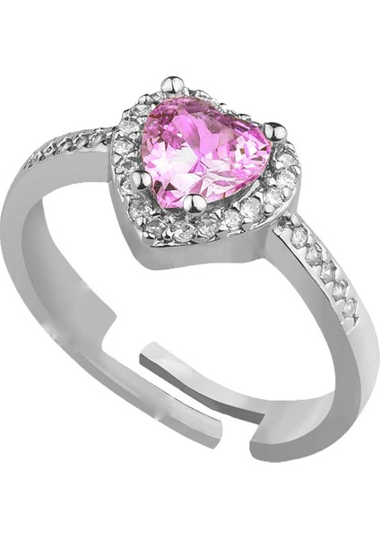 Gümüş Renk Pembe Taş Kalp Şekil Lovely Zirkon Yüzük Ayarlanabilir Her Parmağa Olur - 2979