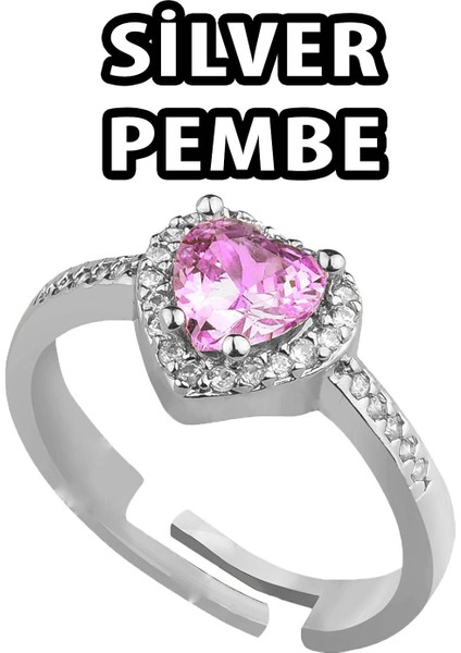 Gümüş Renk Pembe Taş Kalp Şekil Lovely Zirkon Yüzük Ayarlanabilir Her Parmağa Olur - 2979 fiyatları