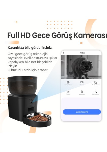 QQ029 Kameralı 1080P Gece Görüş, Akıllı Kedi Köpek Mama Kabı, 2.4ghz/5ghz, 4lt, Metal Kase