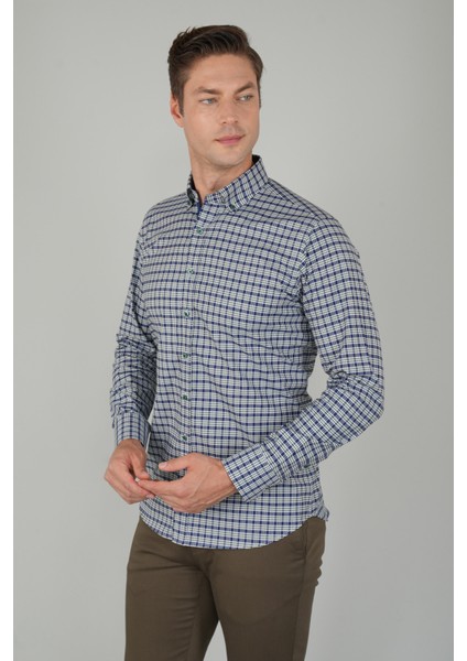 Erkek Regular Fit Uzun Kollu Yeşil Kareli Gömlek GMEKS252092_E47
