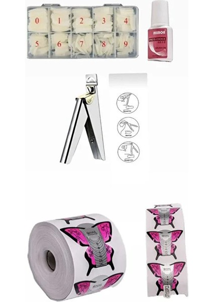 Protez Tırnak 500'LÜ Kemik Tips Tips Makası ve Mxbon 500'LÜ Kelebek Protez Tırnak Şablonu Set